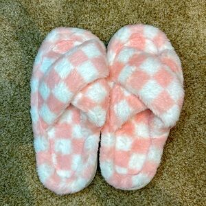 Pink and White Fuzzy Checkered Slippers Size 8/9